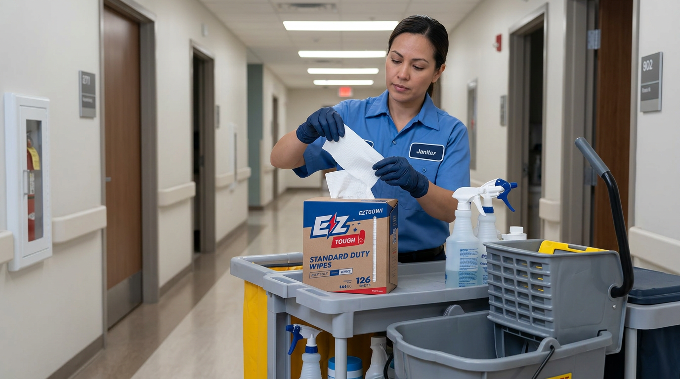 Janitorial staff wiping a desk with a blue cloth